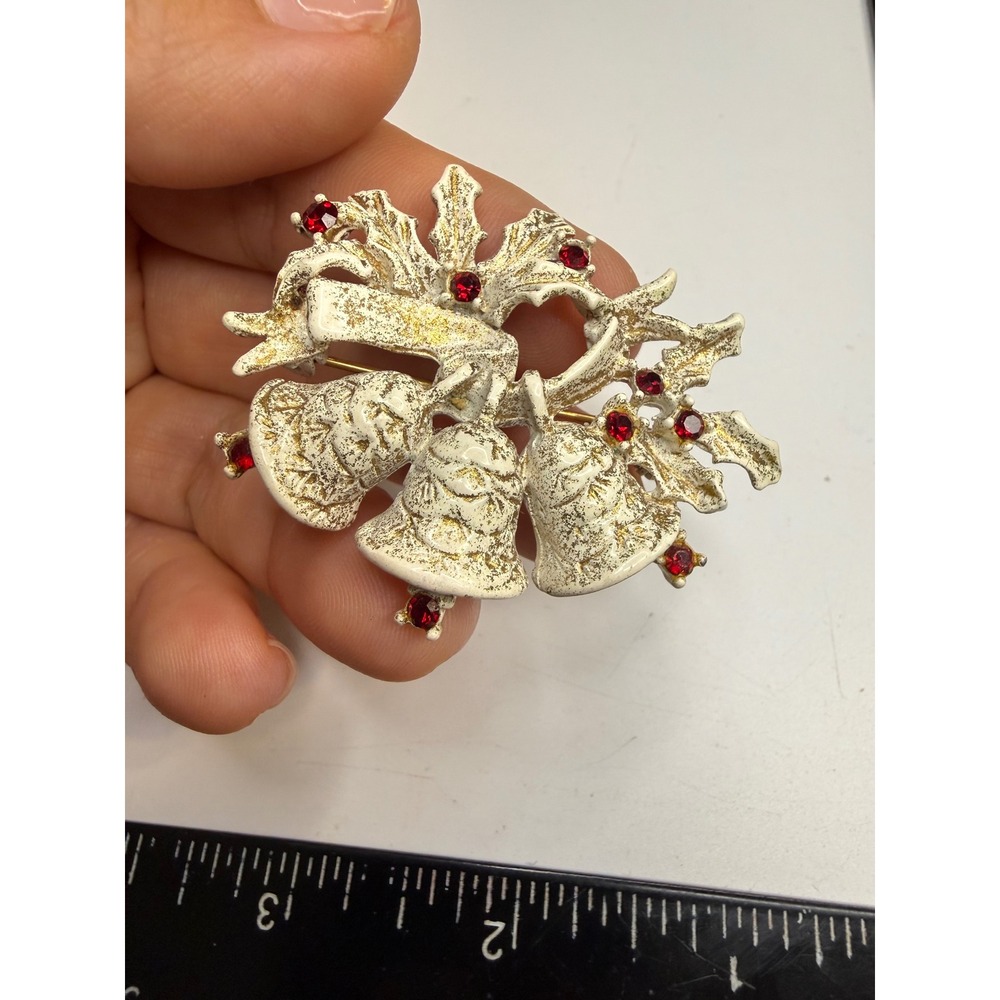 Dodds Christmas Brooch White Enamel Red Rhinestone Holly Triple Bell Pin